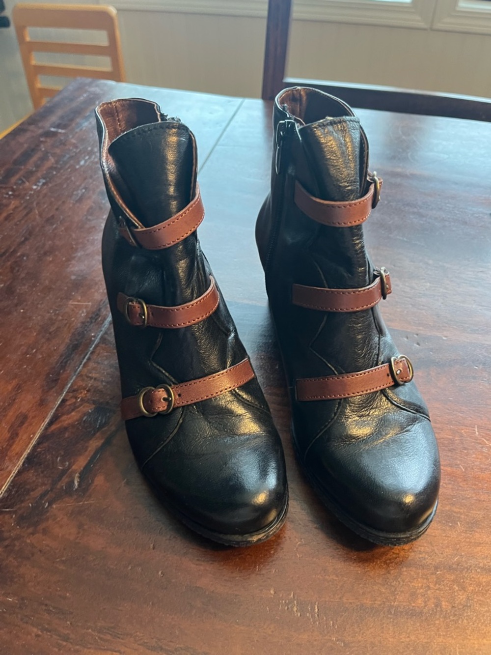 Eric Michael Black Leather Ankle Boots with Brown Strap Accents